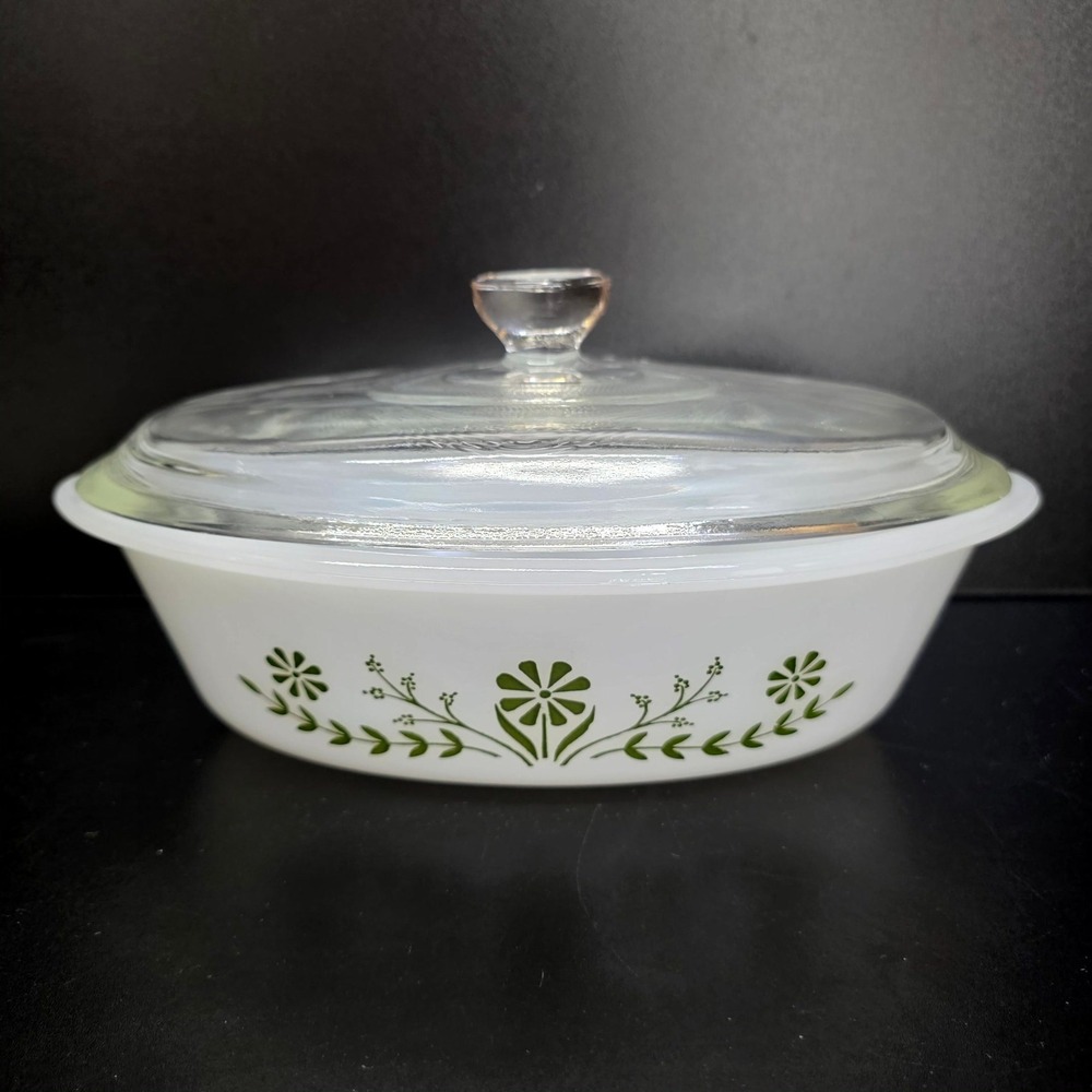 Pyrex Casserole Dish 1.5 Qt White Meadow Green Floral 043 Vintage Lid